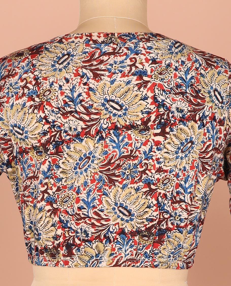 Multi-Color Readymade Blouse Mesmerized with Floral Prints, Featuring a Front V-Neck, a Back Closed Neck, and Full Sleeves