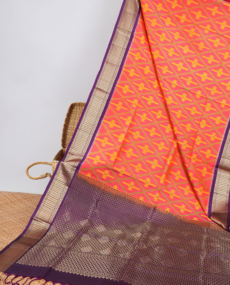 Red ikkat style geometric design soft silk saree with contrast zari border & zari ara maadam design pallu