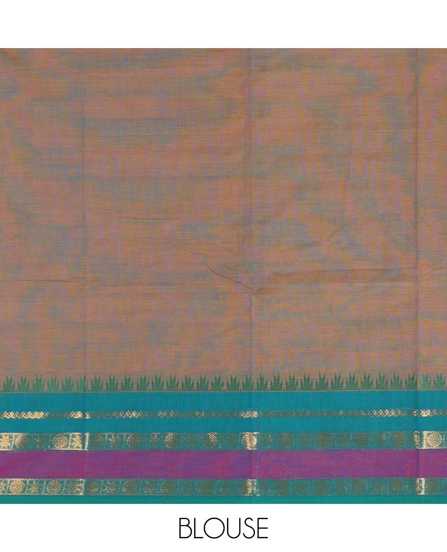 Beige thread veldhari striped Chettinad cotton saree, contrast rettai pettu traditional zari border, striped pallu & blouse of zari border