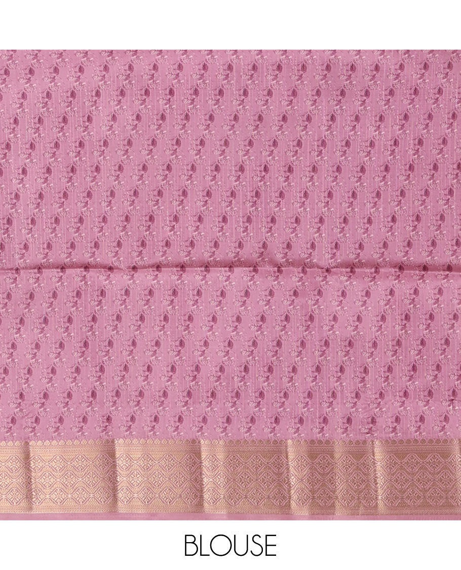 Light pink tropical floral printed fancy tussar saree, contrast traditional zari border, intricate zari woven pallu, and matching printed blouse