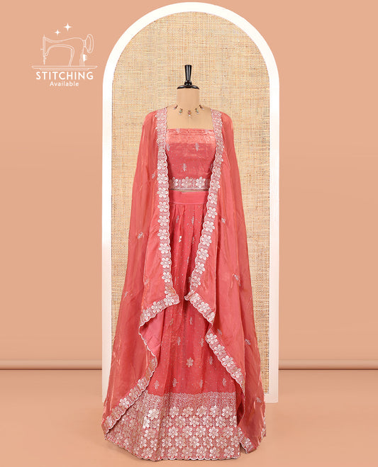Peach Fendi Organza Half-Saree Set, Features Floral Embroidered Skirt, Matching Blouse, Embroidered Dupatta