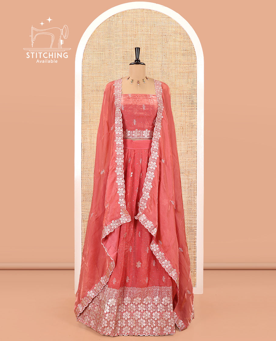 Peach Fendi Organza Half-Saree Set, Features Floral Embroidered Skirt, Matching Blouse, Embroidered Dupatta