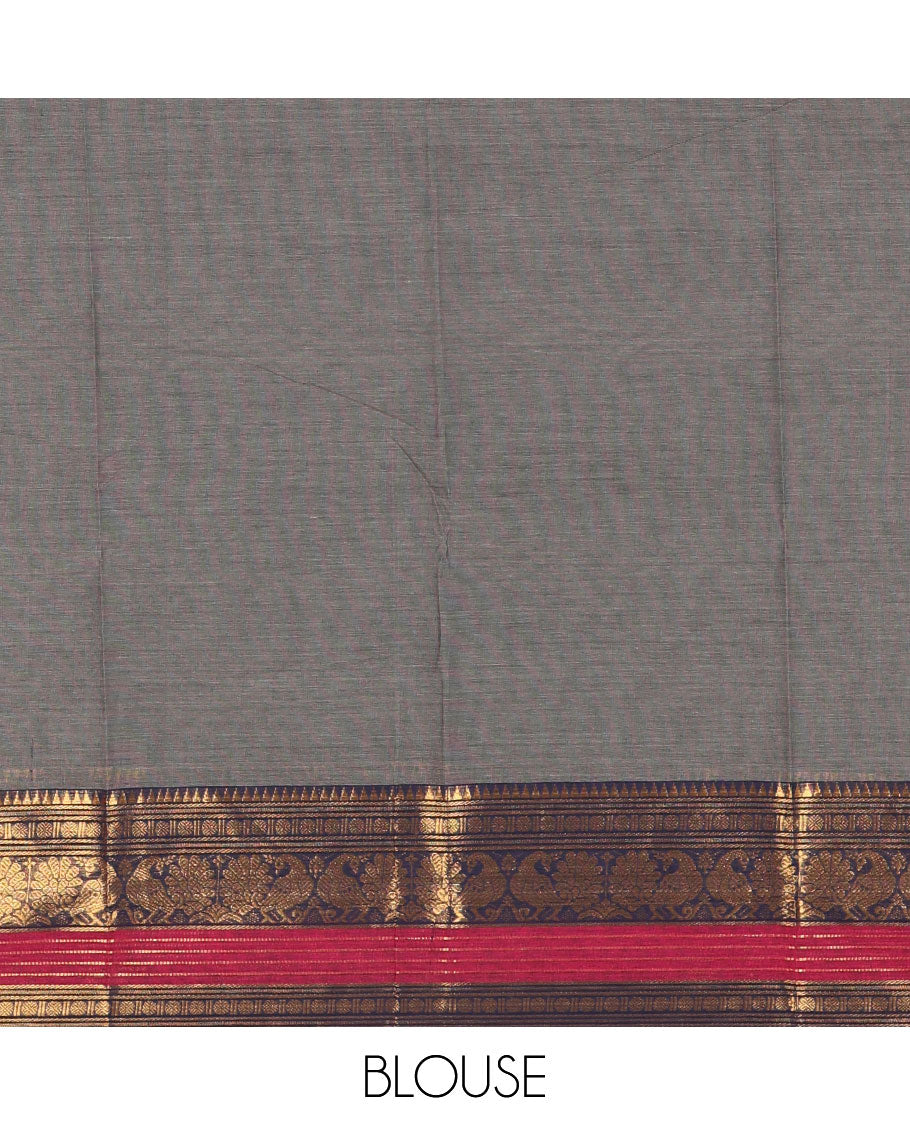 Grey plain Chettinad cotton saree, contrast rettai rettu annam and temple motif zari border, striped pallu, and matching blouse