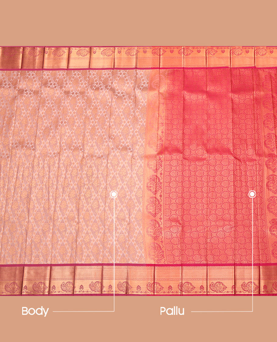 Peach Budget Silk Saree, Accentuated with Jacquard, Complemented by a Contrast Paisley Zari Border, Grand Pallu, and a Contrast Blouse