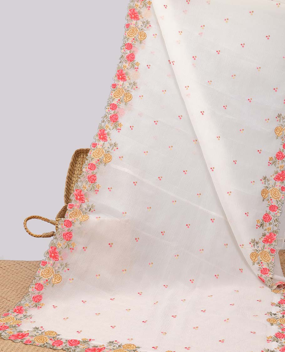 White crushed tissue saree with all over floral motifs & floral scallop border