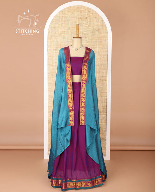 Dark lavender mercerised cotton daman zari border half saree with cotton blouse & skya georgette one side zari border dhavani