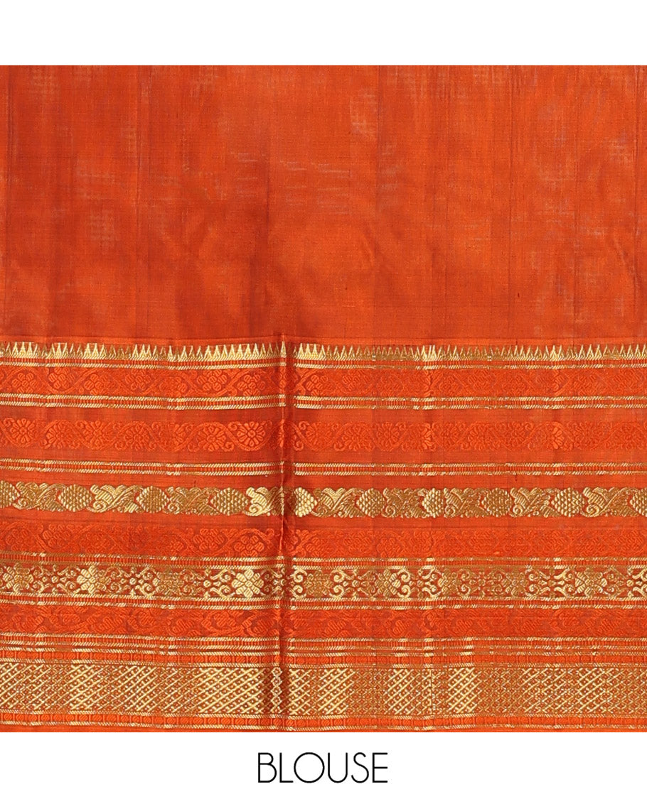 Brown Venkatagiri Silk Saree, Spotlighted with Zari Buttas All Over Its Body, Complemented by a Contrast Border of Temple, Floral, and Peacock-Eye Designs, Pallu of Peacock Eye Designs, and Paired with a Contrast Blouse
