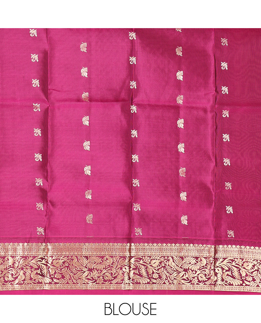 Blue Mayuri Lite Silk Mix Saree, Adorned with Zari Buttas, Complemented by Contrast Border of Salngai, Cross Neli, Rudraksham, and Mayil, Grand Pallu and a Contrast Blouse