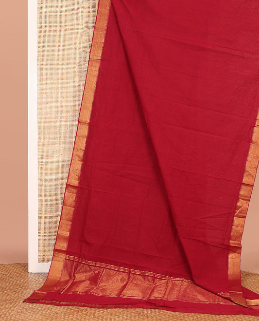 Red Plain Mangalagiri Cotton Saree, Elevated with Traditional Zari Design Border, Gleaming Zari Pallu, and Paired with a Matching Blouse