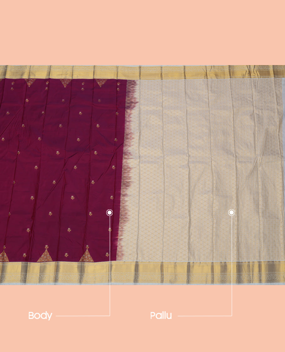 Wine Budget Silk Saree, Accentuated with Zari Buttas, a Contrast Traditional Zari Border, Grand Pallu, and a Contrast Blouse