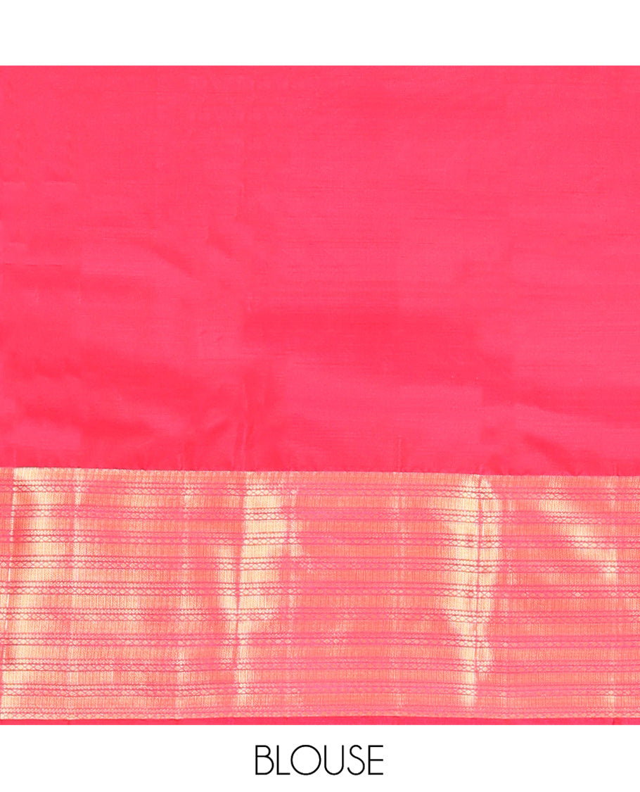 Peach Vasundhara Lite Silk Mix Saree, Adorned with Mayil and Chakram Buttas All Over Its Body, Complemented by Contrast Traditional Zari Designs Woven Border, Grand Geometric Patterned Pallu and Paired with a Contrast Blouse