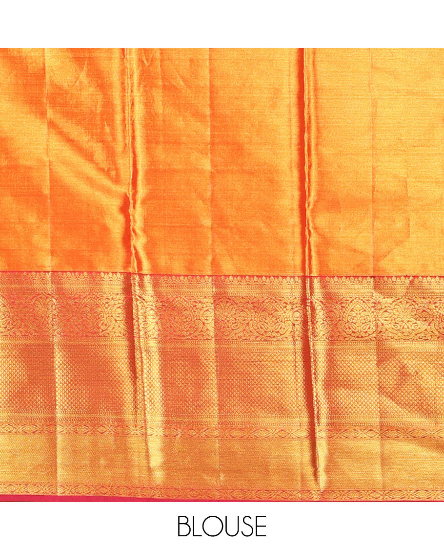 Orange zig zag striped kancheepuram tissue silk saree , contrast traditional zari border & intricate zari pallu