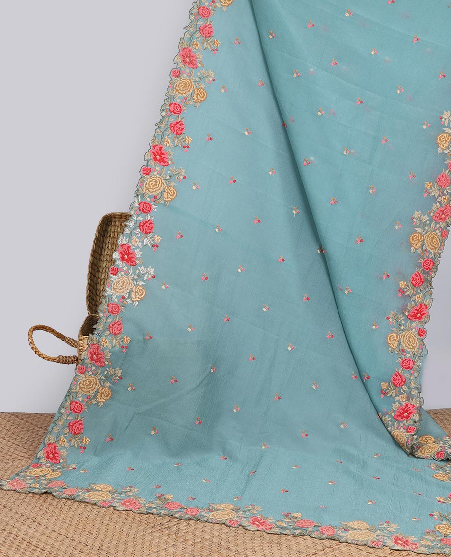 Yellow crushed tissue saree with scallop floral border & motif embroidery pallu