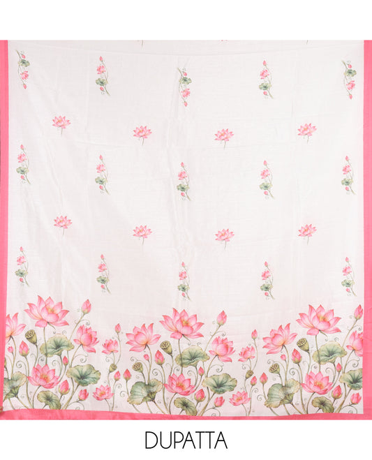 Cream-Pink Semi-Silk Material Chudidar, Lotus Printed Top, Matching Bottom, Lotus Printed Dupatta