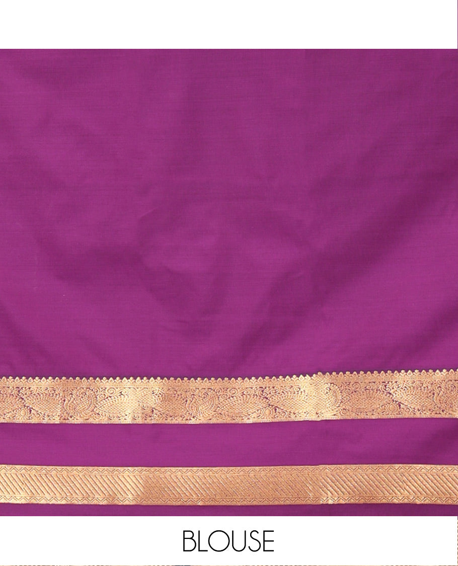 Rama Green and Purple Budget Silk Saree, Accentuated with Zari Buttas All Over Its Body, Complemented by Contrast Rettai Pettu Traditional Zari Designs Woven Border, Grand Pallu and Paired with a Contrast Blouse