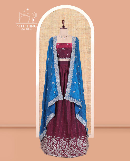 Wine Velvet Organza Half-Saree