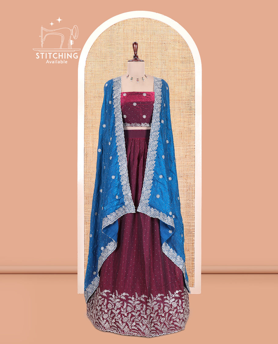 Wine Velvet Organza Half-Saree