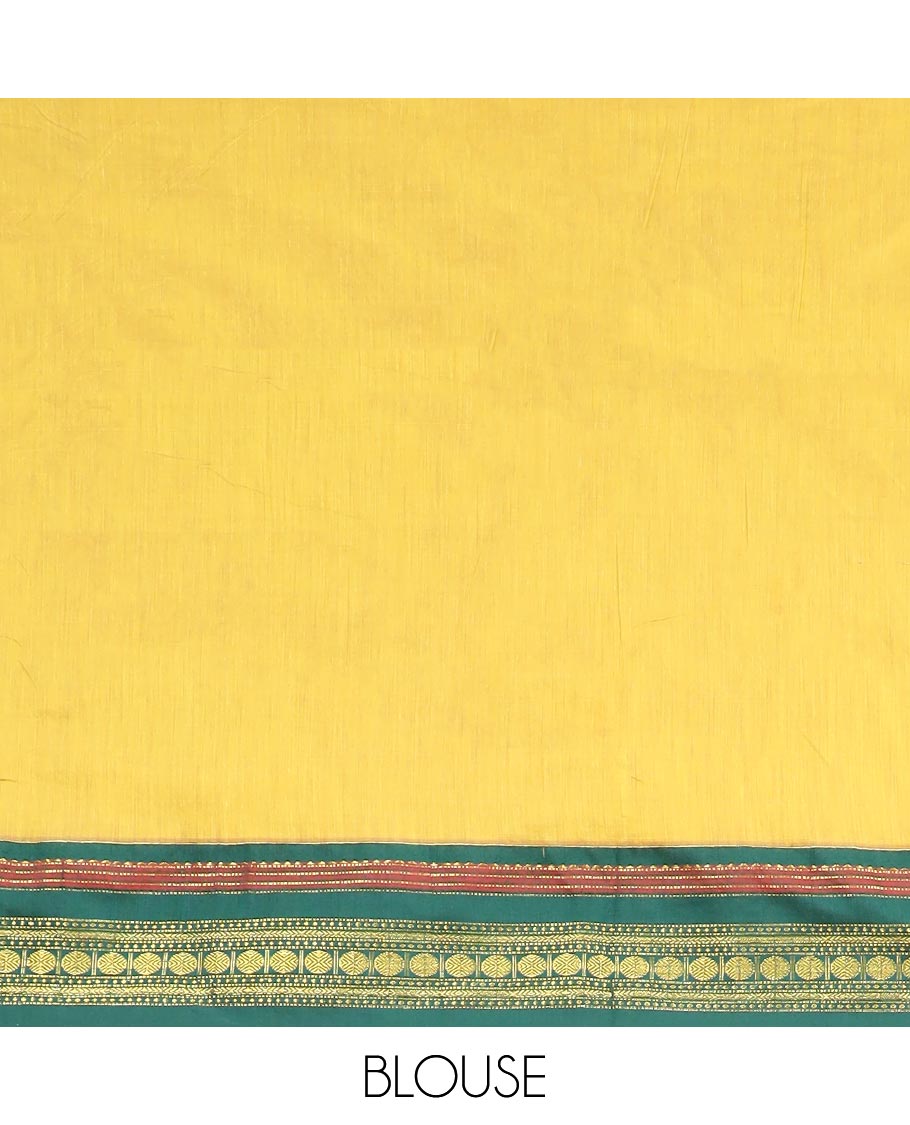 Yellow nine yards cotton saree with contrast zari design border & ogee design pallu