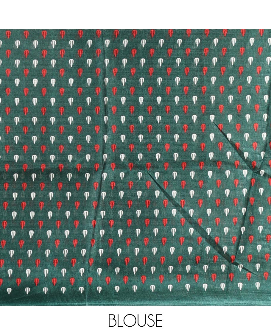 Green plain khadi cotton saree, floral creeper printed border, and pallu with small buttas printed blouse