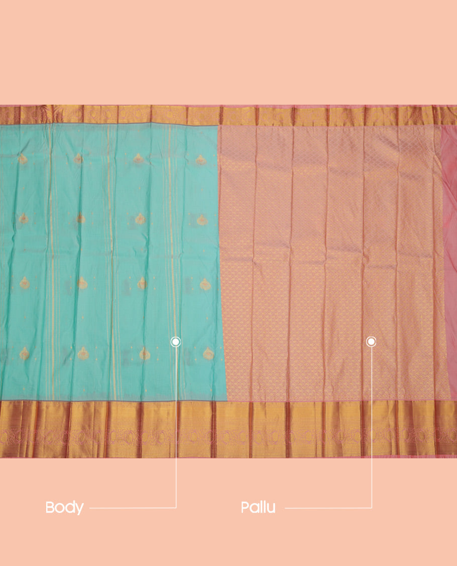 Blue Budget Silk Saree, Accentuated with Zari Buttas and Stripes, a Contrast Traditional Zari Border, Grand Pallu, and a Contrast Blouse