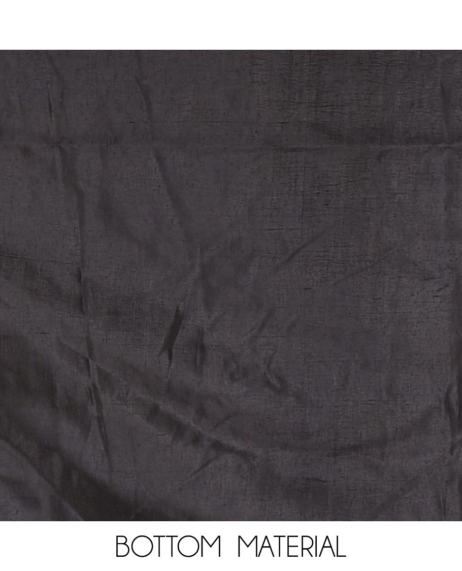 Black material chudidar set, plain with pom-pom tasseled mul chanderi top, a matching bottom, and organza dupatta of stripes