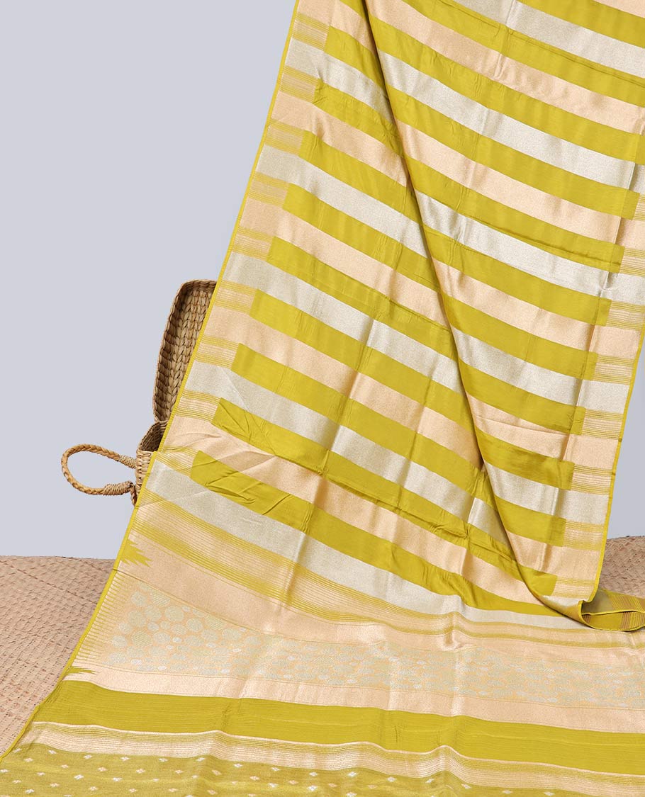 Borderless Green striped semi-banaras dola silk saree & intricate zari design pallu