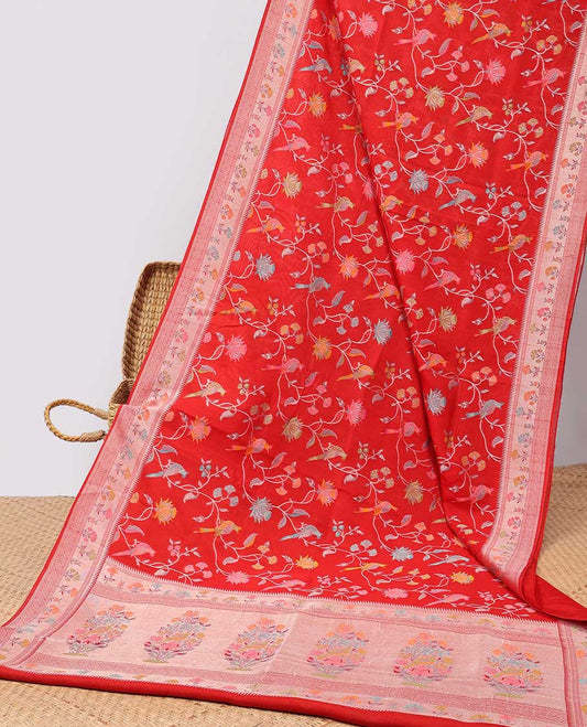 Red floral vine design matka silk saree with self zari border & pallu of intricate zari design