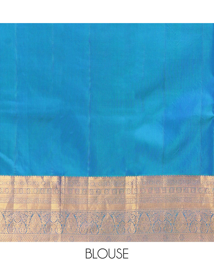 Blue Kanchipuram Wedding Silk Saree, Ornamented with Jacquard Design on Its Body, Highlighted by Zari Border of Rekku, Banaras, Cross Kamalam, Vanki, and Kodi Visiry Designs, Meticulously Crafted Pallu, and Paired with a Matching Blouse