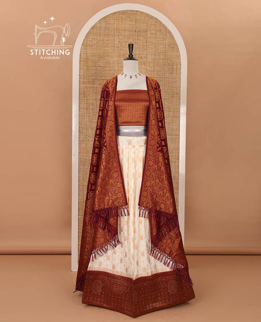 Cream semi-banaras half-saree, zari buttas & contrast Swarovski stonework traditional border skirt, jacquard blouse & contrast jaal jacquard maroon dhavani