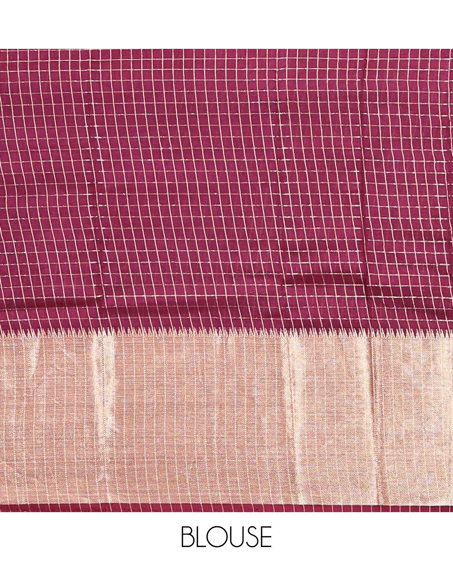 Sandal Assam Silk Saree, Sparsely Woven with Checks, Traditional Zari Border, Zari-Striped Pallu, and a Contrast Blouse