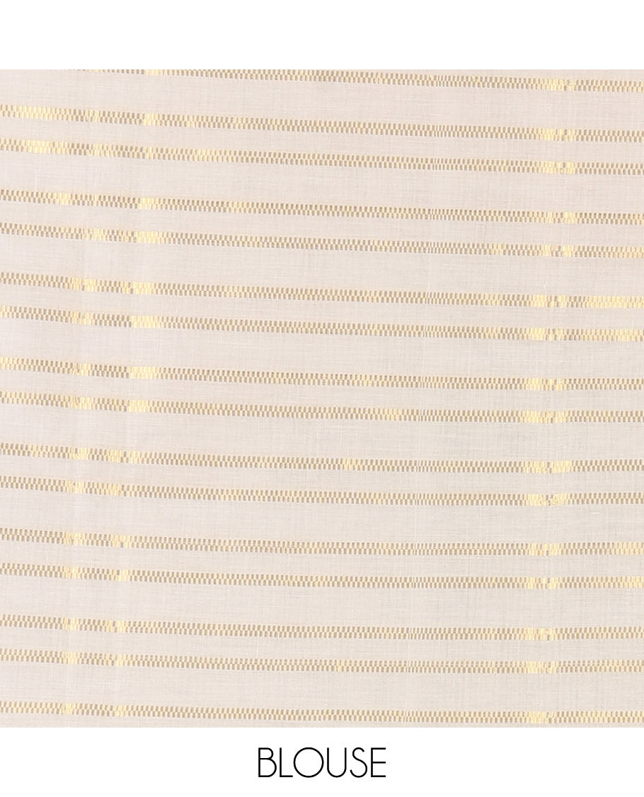 Borderless cream and ramar blue horizontal zari muthu striped Kerala cotton saree, self-pallu with tassels and a matching blouse