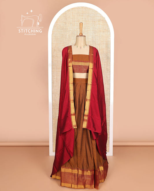 Brown cotton half saree with contrast zari design border, zari design blouse & plain , zari design border dhavani