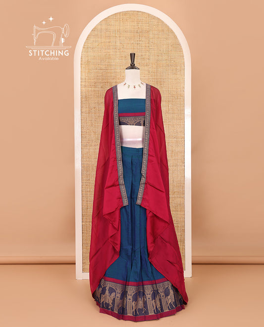 Blue with maroon mercedised cotton half-saree, contrast elephant zari border skirt, matching blouse & one side border georgette dhavani