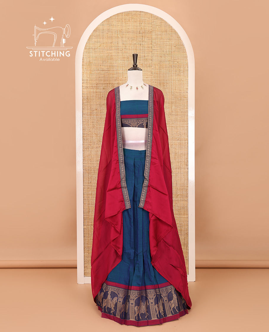 Blue with maroon mercedised cotton half-saree, contrast elephant zari border skirt, matching blouse & one side border georgette dhavani