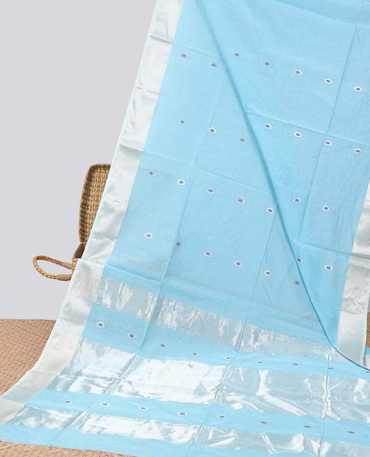 Blue floral motifs maheshwari cotton saree with contrast zari border & striped, floral design pallu