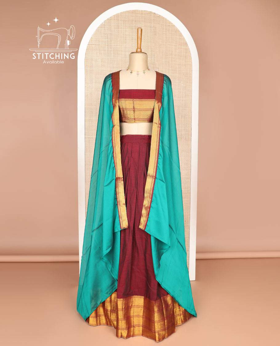 Maroon cotton half saree with contrast intricate zari design border, zari design blouse & zari design border dhavani