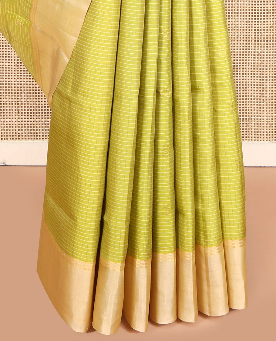 Green Mayuri Lite Silk Mix Saree, Subtly Sparkled With Stripes and Buttas, Complemented by Contrast Border, Pallu of Sparsely Woven Designs and a Contrast Blouse