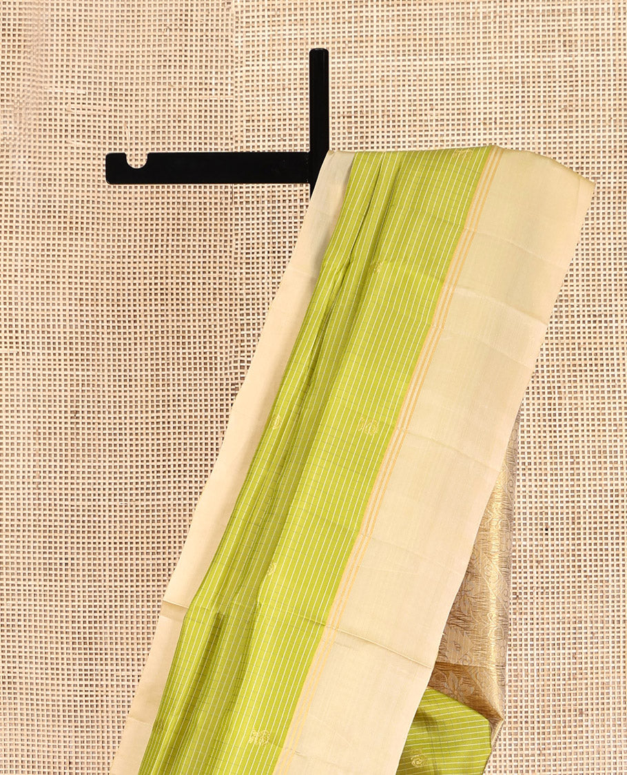 Green Mayuri Lite Silk Mix Saree, Subtly Sparkled With Stripes and Buttas, Complemented by Contrast Border, Pallu of Sparsely Woven Designs and a Contrast Blouse