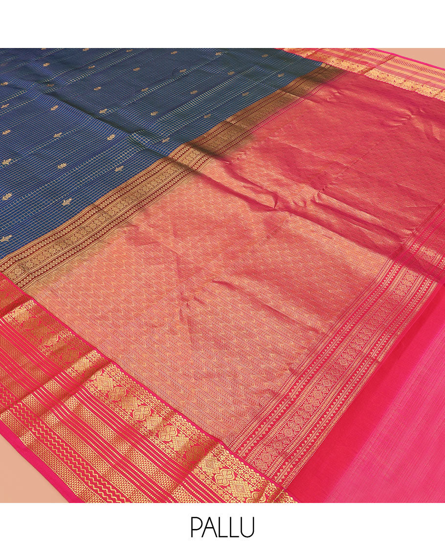 Blue Buttas-Checked Vasundhara Lite Silkmix Saree, Contrast Ara Maadam Border, Grand Pallu, Contrast Blouse
