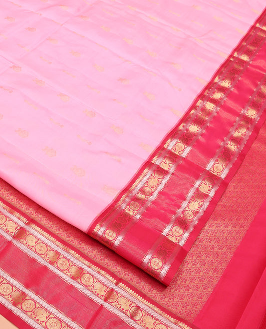 Pink Vasundhara Lite Silk Mix Saree, Sparsely Sparked with Zari Buttas All Over Its Body, Complemented by Contrast Border of Muthu, Banaras, Kathir, Mayil, and Chakram Designs, Grand Jaal Pallu, and Paired with a Contrast Blouse