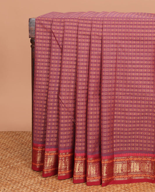 Maroon stripes & dobby-style buttas Chettinad cotton saree, contrast traditional zari motif border & striped pallu