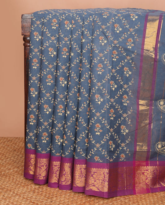 Grey floral jaal printed Andhra cotton saree, contrast traditional zari motif border & zari pallu of paisleys