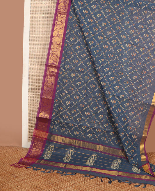 Grey floral jaal printed Andhra cotton saree, contrast traditional zari motif border & zari pallu of paisleys