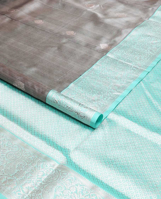 Grey leaf motifs design venkatagiri cotton saree with contrast zari design pallu & argyle design pallu