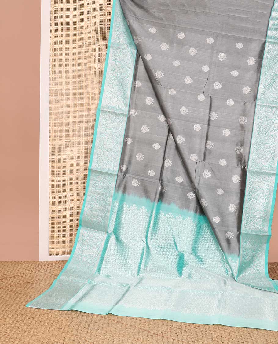 Grey leaf motifs design venkatagiri silk saree with contrast zari design pallu & argyle design pallu
