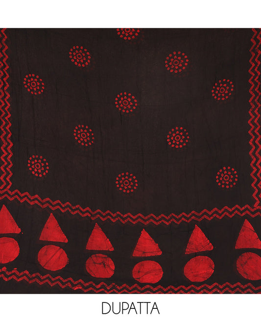 Black and red viscose georgette material churidar set, geometric shapes batik hand block printed top, plain bottom, and batik hand block printed dupatta
