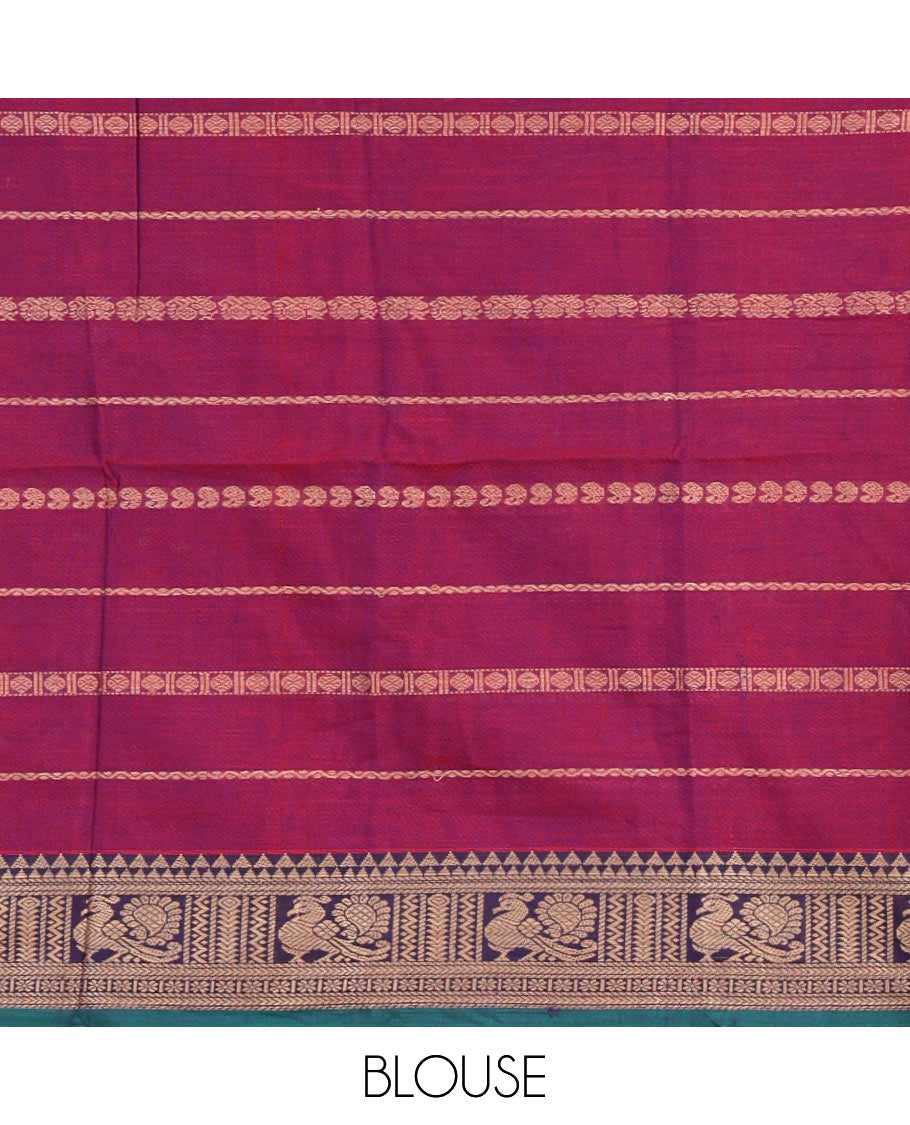 Magenta-green mercerised cotton half-saree, traditional design resham thread skirt, matching traditional design blouse & contrast syska georgette dhavani