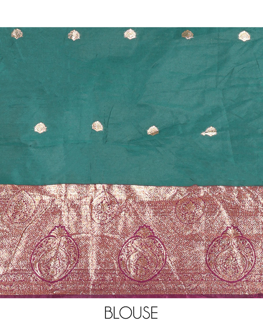 Green and Red Semi-Banarasi Half-Saree, Enriched with Zari Buttas on Its Skirt, Complemented by a Contrast Intricately Zari-Designed Border, Paired with a Matching Blouse, and a Contrast Satin Georgette Embroidered Scallop Dhavani