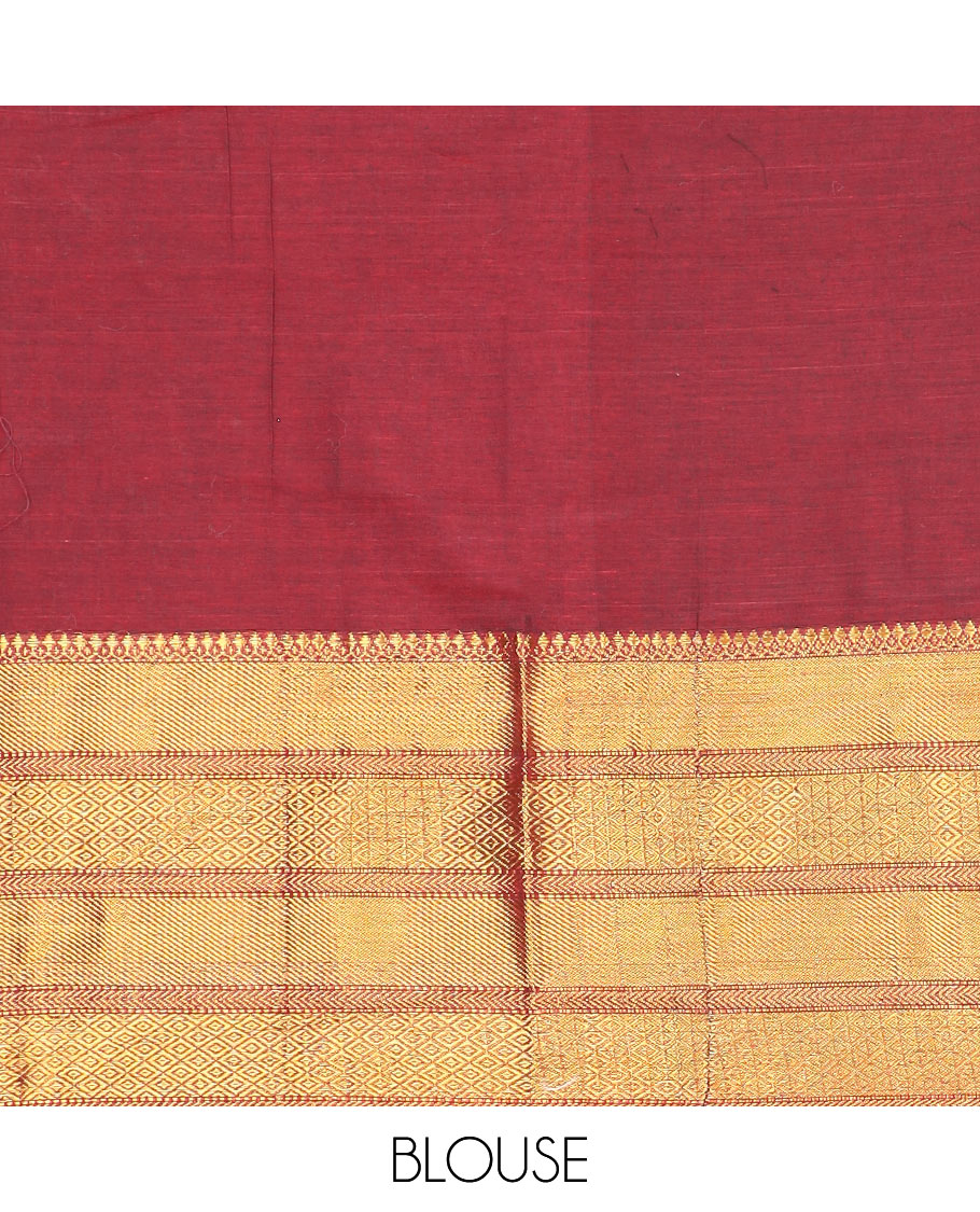 Maroon cotton half saree with contrast intricate zari design border, zari design blouse & zari design border dhavani