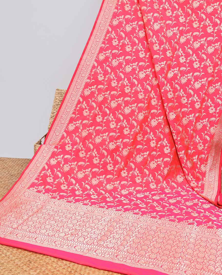 Pink floral jacquard banaras silk saree with self intricate zari border & floral zari design pallu